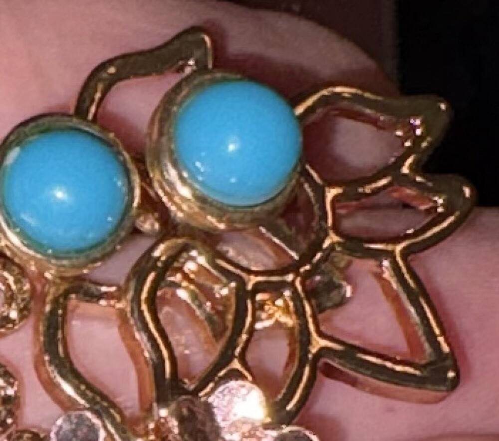 Gold Tone Lotus Flower Stud Earrings Turquoise Blue Cabochon Openwork